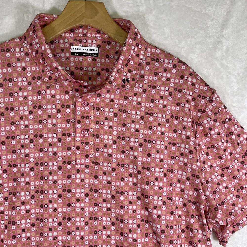 Fore Fathers Men's Size XL Golf Polo Pink Short Sleeve Shirt Glazed Over Donut